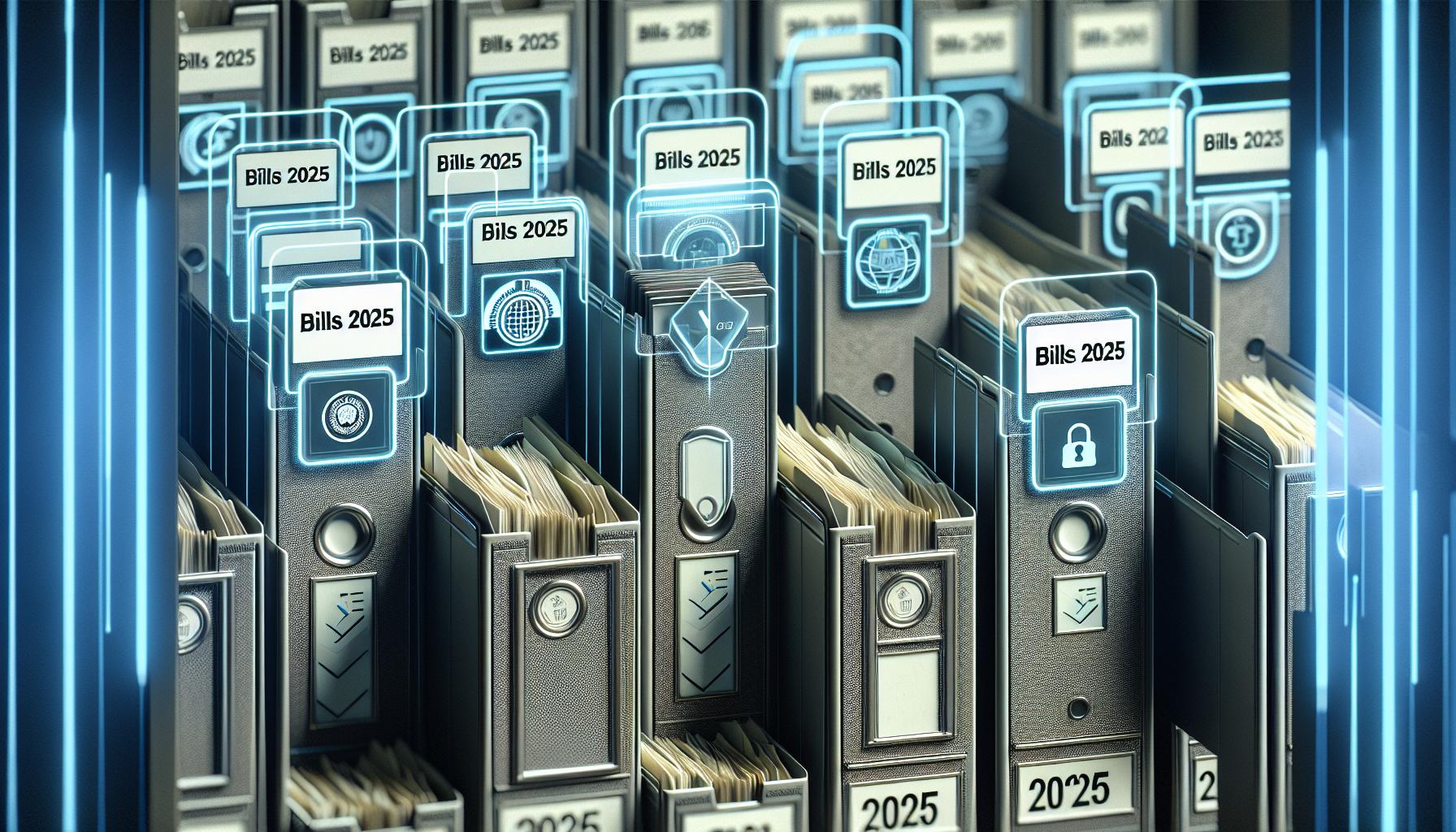 Una representación de un archivo digital seguro o una bóveda de datos. Se ven carpetas digitales etiquetadas por años ("Facturas 2025", "Facturas 2026") y un icono de un sello digital o certificado verificando cada archivo.