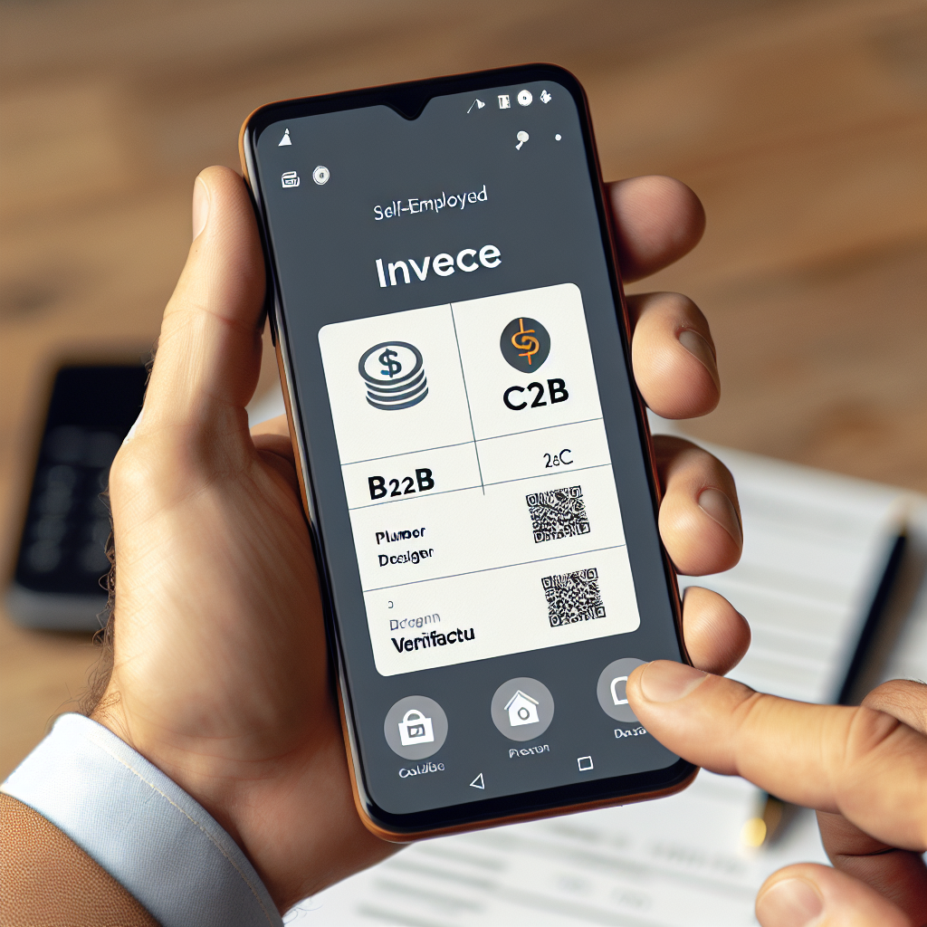 Ilustración de un autónomo usando un software de facturación en el móvil que diferencia entre sus obligaciones B2B (Ley Crea y Crece) y B2C (Verifactu).