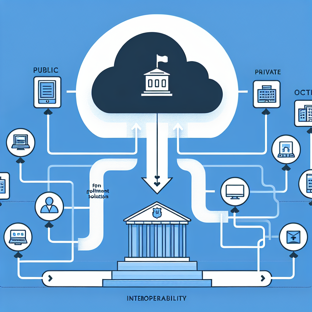 Un diagrama de flujo. En el centro, una "Nube de Interoperabilidad". A un lado, un icono de un edificio gubernamental (Solución Pública) y al otro lado, varios iconos de empresas de software (Plataformas Privadas), todas conectadas a la nube central.