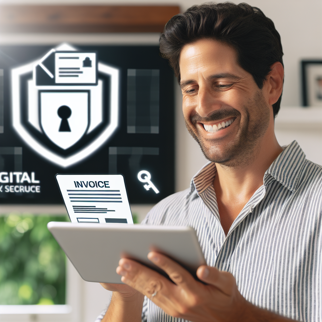 El dueño de una pequeña empresa (pyme) sonriendo mientras mira una pantalla de tablet que muestra una factura electrónica enviada con éxito. En el fondo, se ve el logo del "Kit Digital" y un escudo de seguridad.