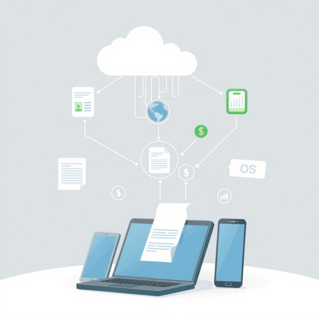 Representación digital del proceso de facturación electrónica con dispositivos conectados en la nube y flujos de datos