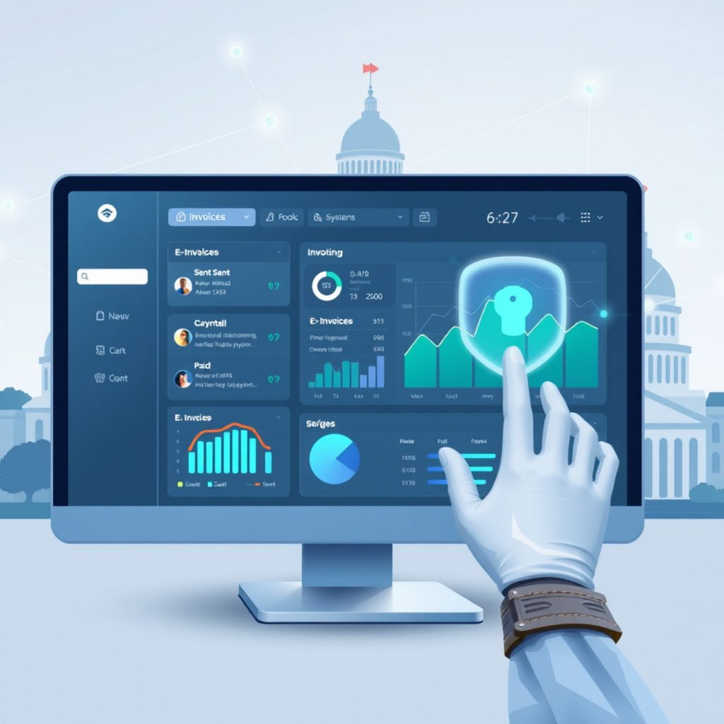Representación digital de un panel de control de facturación electrónica en el sector público, mostrando gráficos y listas de facturas con elementos de seguridad y conectividad.